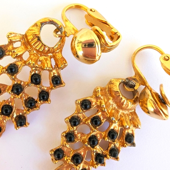 Vtg Kudan Bindi Indian Chandler Gold Tone Black Bead Drop Dangle Earrings - Picture 5 of 5